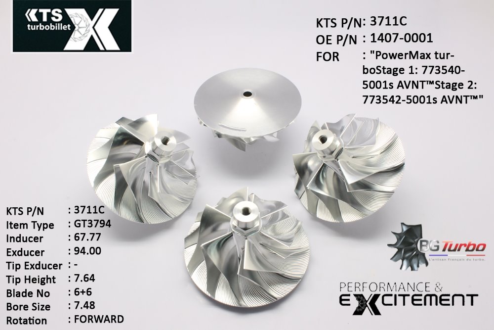 Turbo ROUE FORGÉE MFS PERFORMANCE - 6+6 PALES - INDUCER : 67,77 - EXDUCER : 94 - TYPE : GT3794ANGLE : 75-90° - ROTATION : Forward - SUPER BACK : 5,55 - BORE SIZE : 7,48
